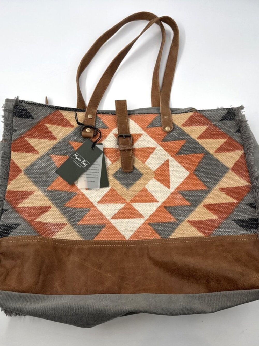 Myra Bag Weekender Tote Aztec Leather Canvas Fringe Western Double Handle NEW